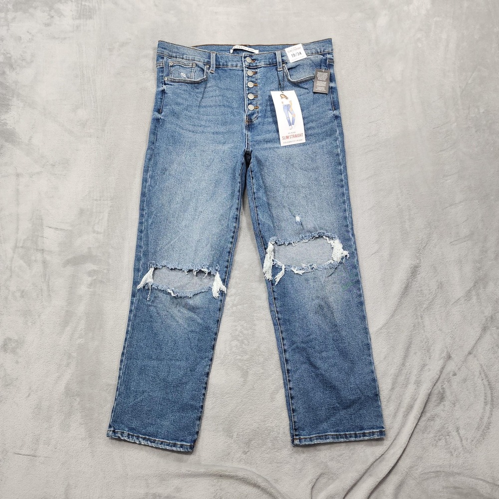 NEW Celebrity Pink Jeans Womens 19/34 Blue High Rise Slim Straight Distressed